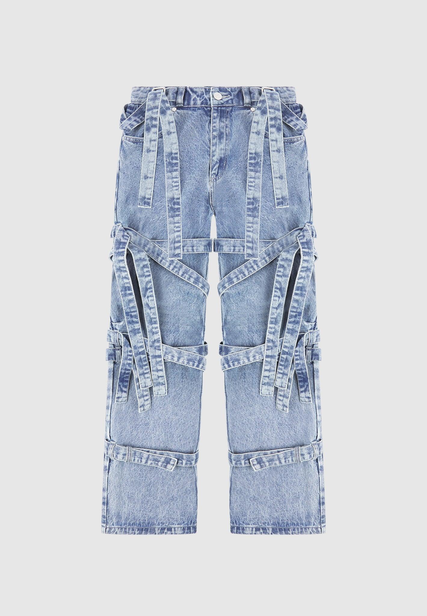 Talia - Denim Strap Cargo Jeans - Mid Blue Female Product Image