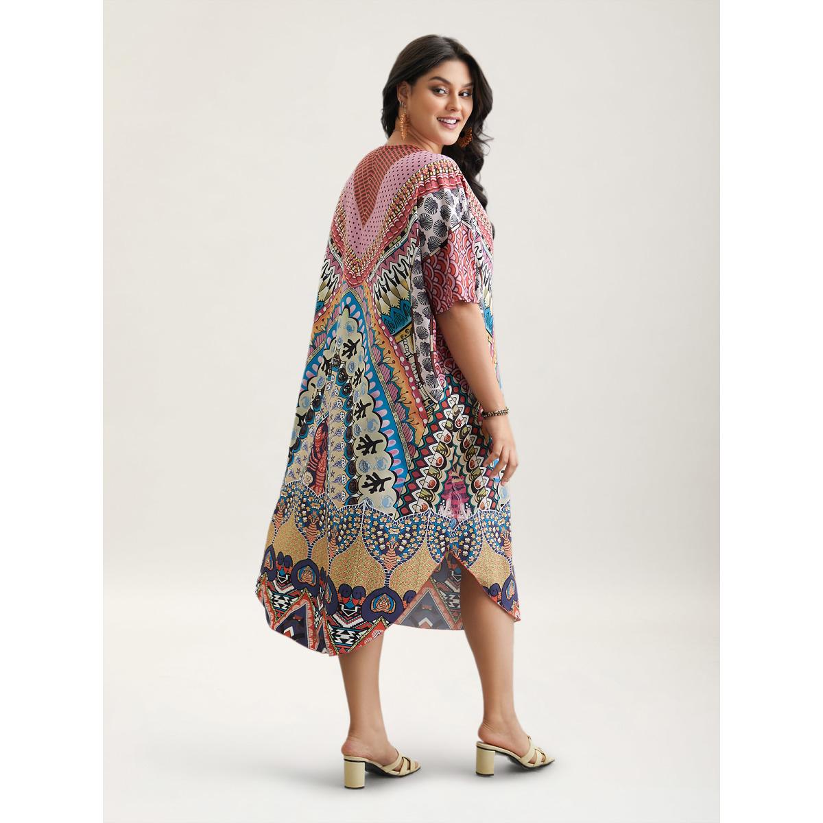 Plus Size Boho Print Ties Slit Curved Hem Midi Dress Cerulean Women Resort Wraparound straps V-neck Half Sleeve Curvy BloomChic 12/L Product Image