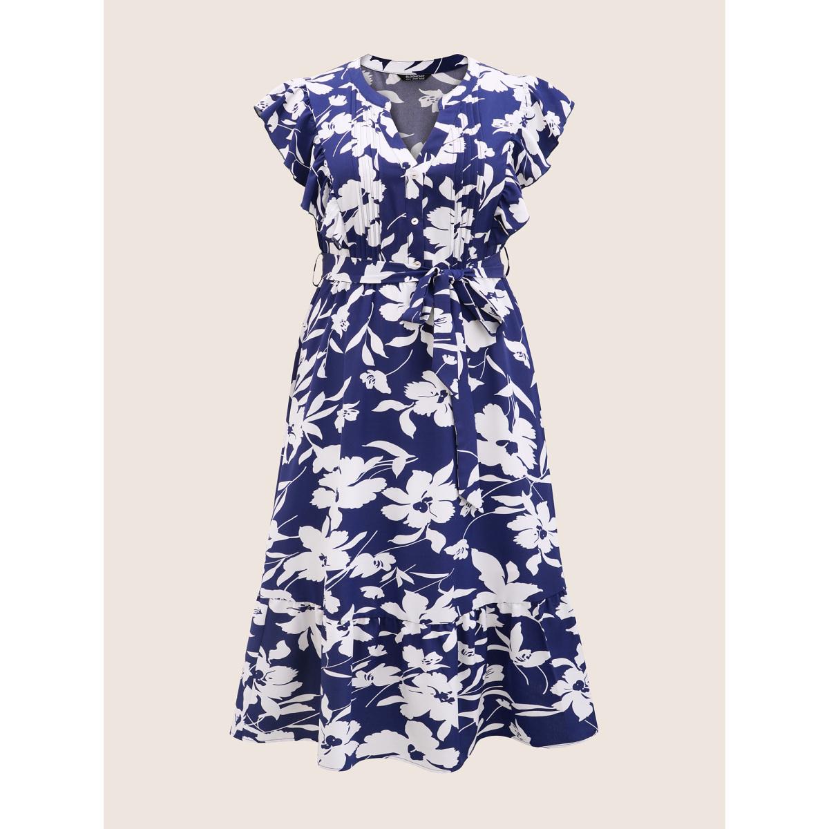 Plus Size Silhouette Floral Print Ruffle Cap Sleeve Dress Navy Women Elegant Belted V-neck Sleeveless Curvy Midi Dress BloomChic 22-24/3X Product Image