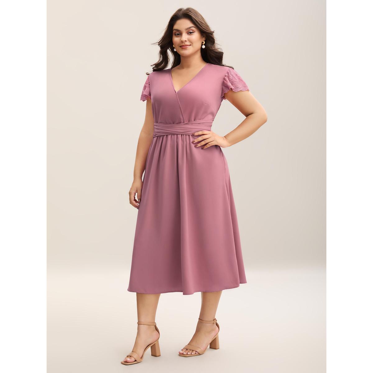 Plus Size Flutter Sleeve Lace Stretchy Waist Midi Dress DustyPink Women Elegant Woven ribbon&lace trim Overlap Collar Short sleeve Curvy BloomChic 30/6X Product Image