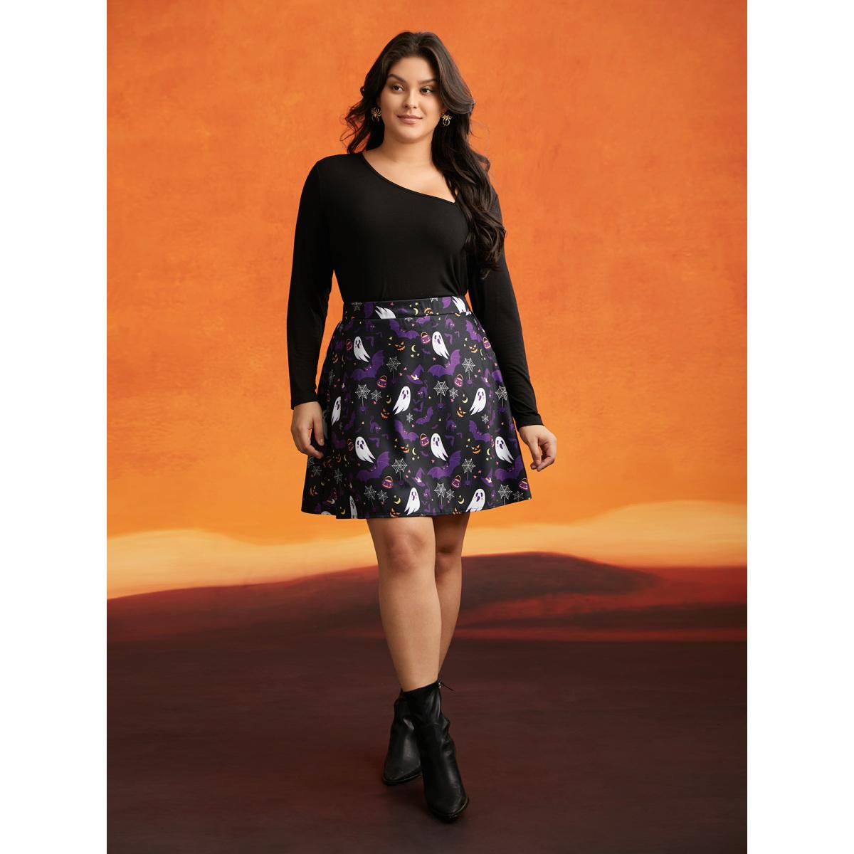 Plus Size Spooky Ghost Printed A-Line Mini Skirt Women Black Cocktail Contrast No stretch Slanted pocket Party Skirts BloomChic 12/L Product Image