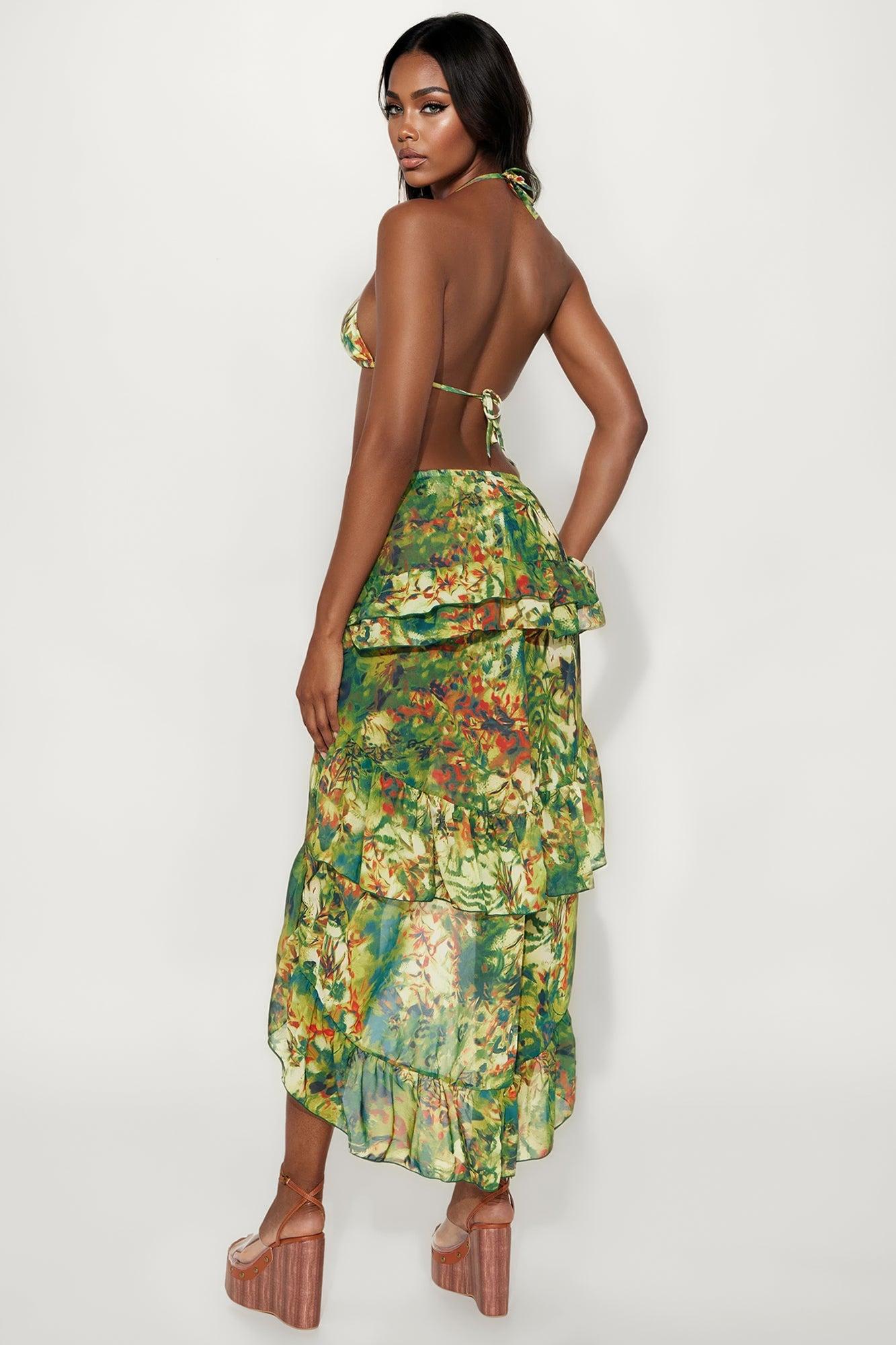 Kayli 3 Piece Bikini & Ruffle Skirt Set - Green/combo Female Product Image