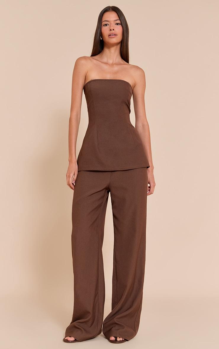 Chocolate Woven Tailored Longline Bandeau Flared Jumpsuit Product Image