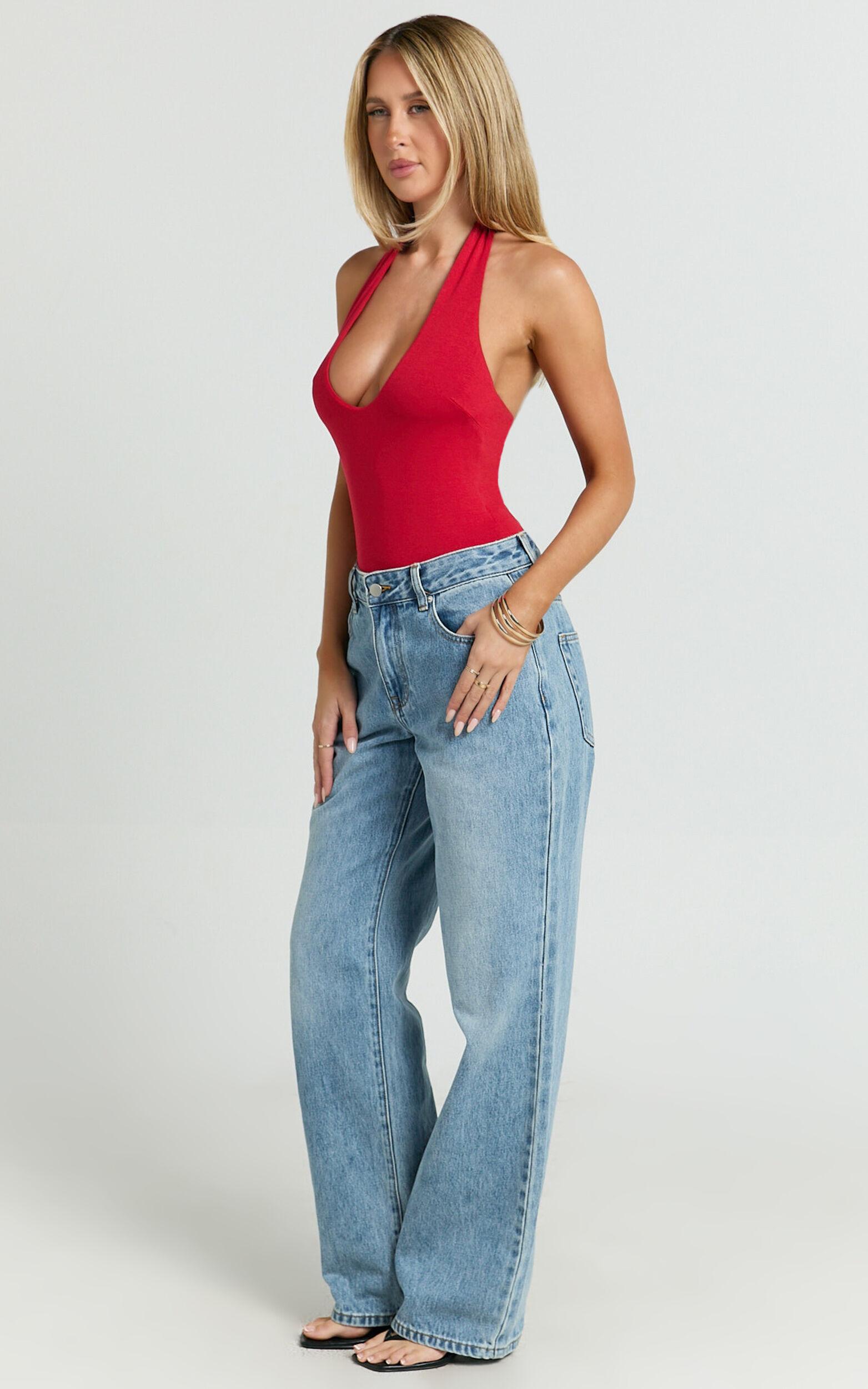 Suzanna Bodysuit - V Neck Halter Bodysuit in Red Product Image
