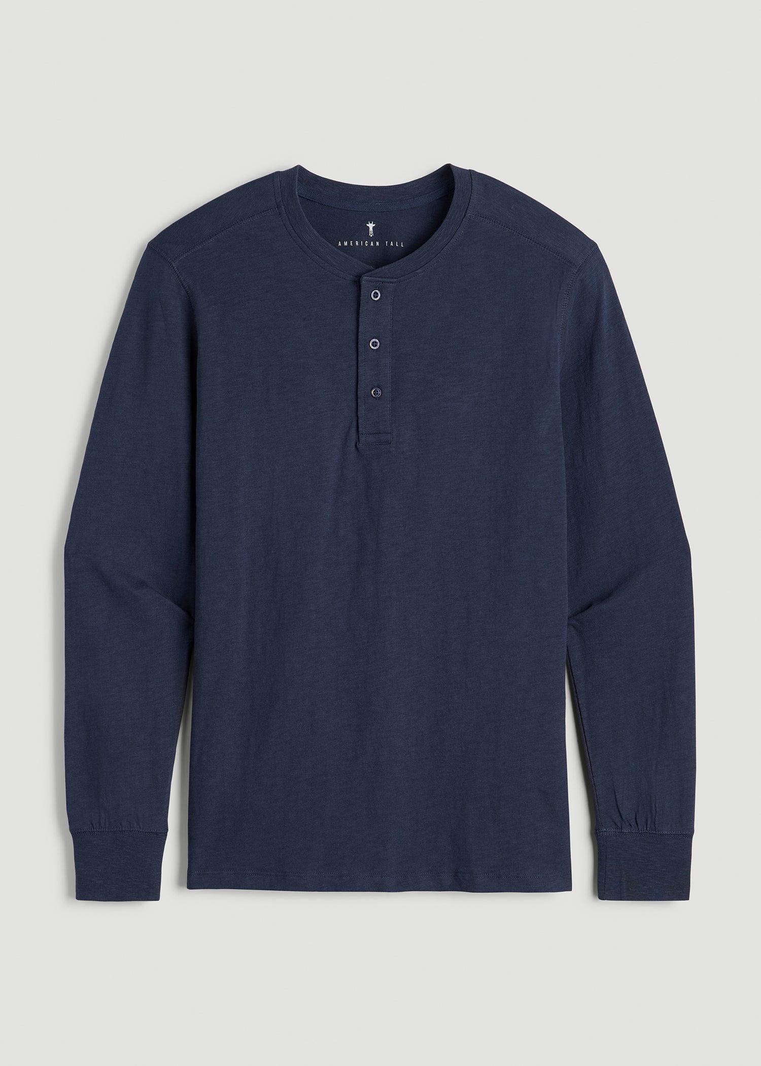 Three-Button Long Sleeve Slub Henley for Tall Men in Navy Male Product Image
