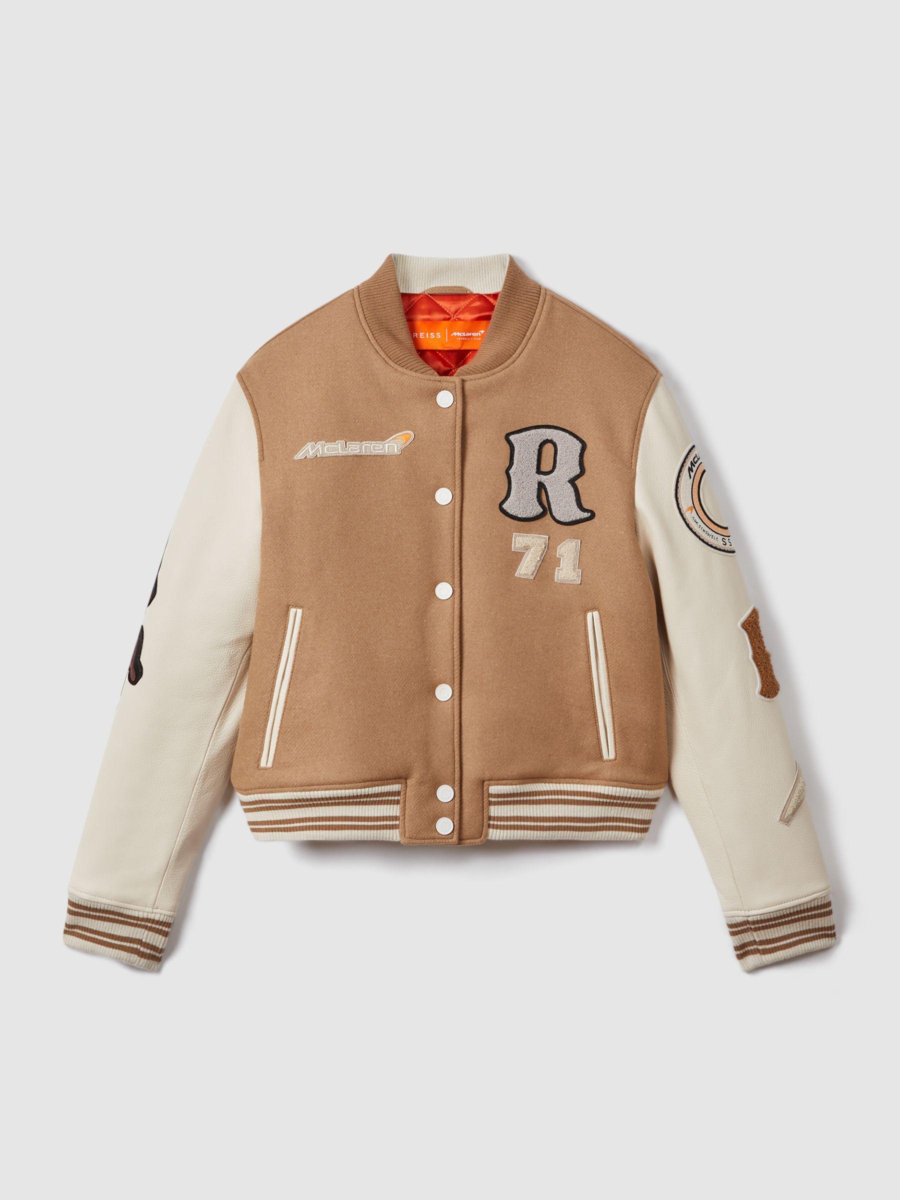 McLaren F1 Leather Varsity Jacket in Camel/Ecru Product Image