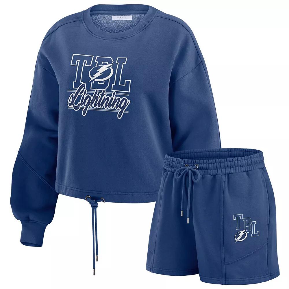 Women's WEAR by Erin Andrews Blue Tampa Bay Lightning Washed Fleece Sweatshirt & Shorts Lounge Set, Size: Small, Lgh Blue Product Image