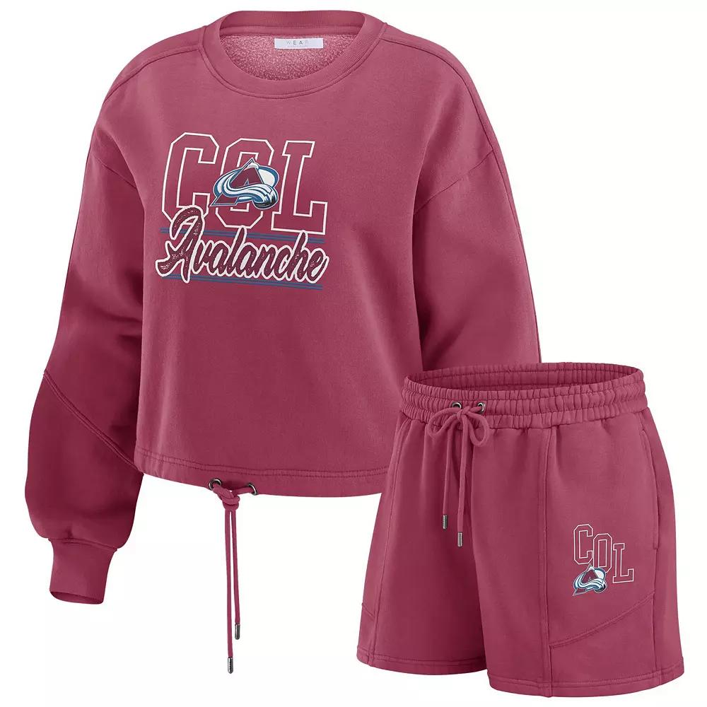 Women's WEAR by Erin Andrews Burgundy Colorado Avalanche Washed Fleece Sweatshirt & Shorts Lounge Set,  Product Image