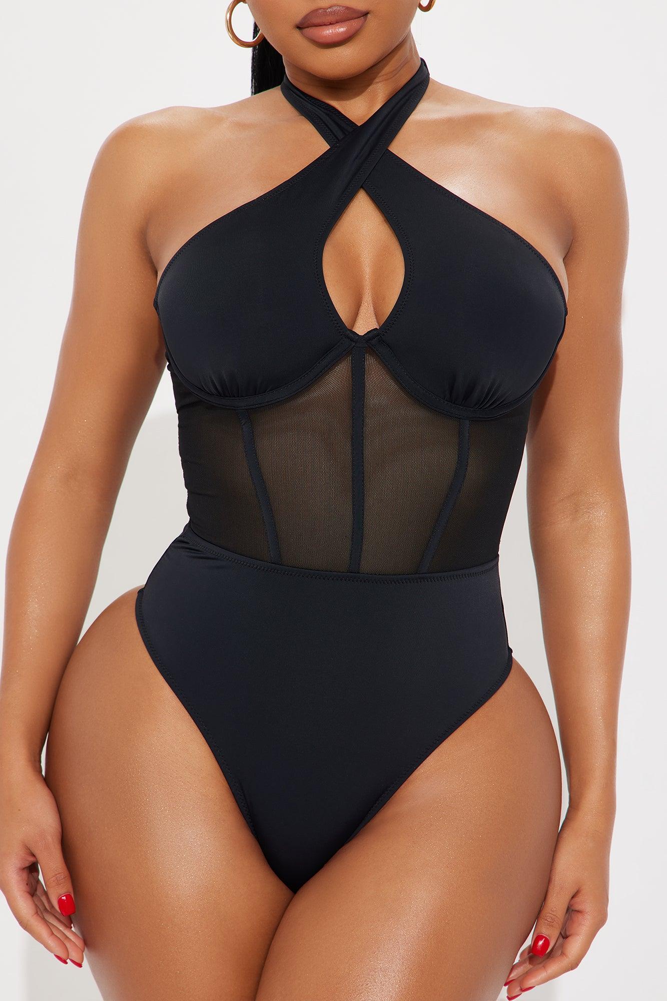Private Island Corset Mesh Cutout Underwire 1 Piece Swimsuit - Black Product Image