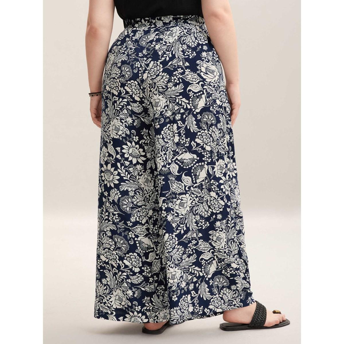 Plus Size Floral Print Waist-Tie Straight-Leg Pants Women Indigo Casual Wide Leg Mid Rise Everyday Pants BloomChic 14-16/1X Product Image
