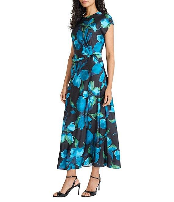 Maggy London Cap Sleeve Floral Print Waist Detail Maxi Dress Product Image
