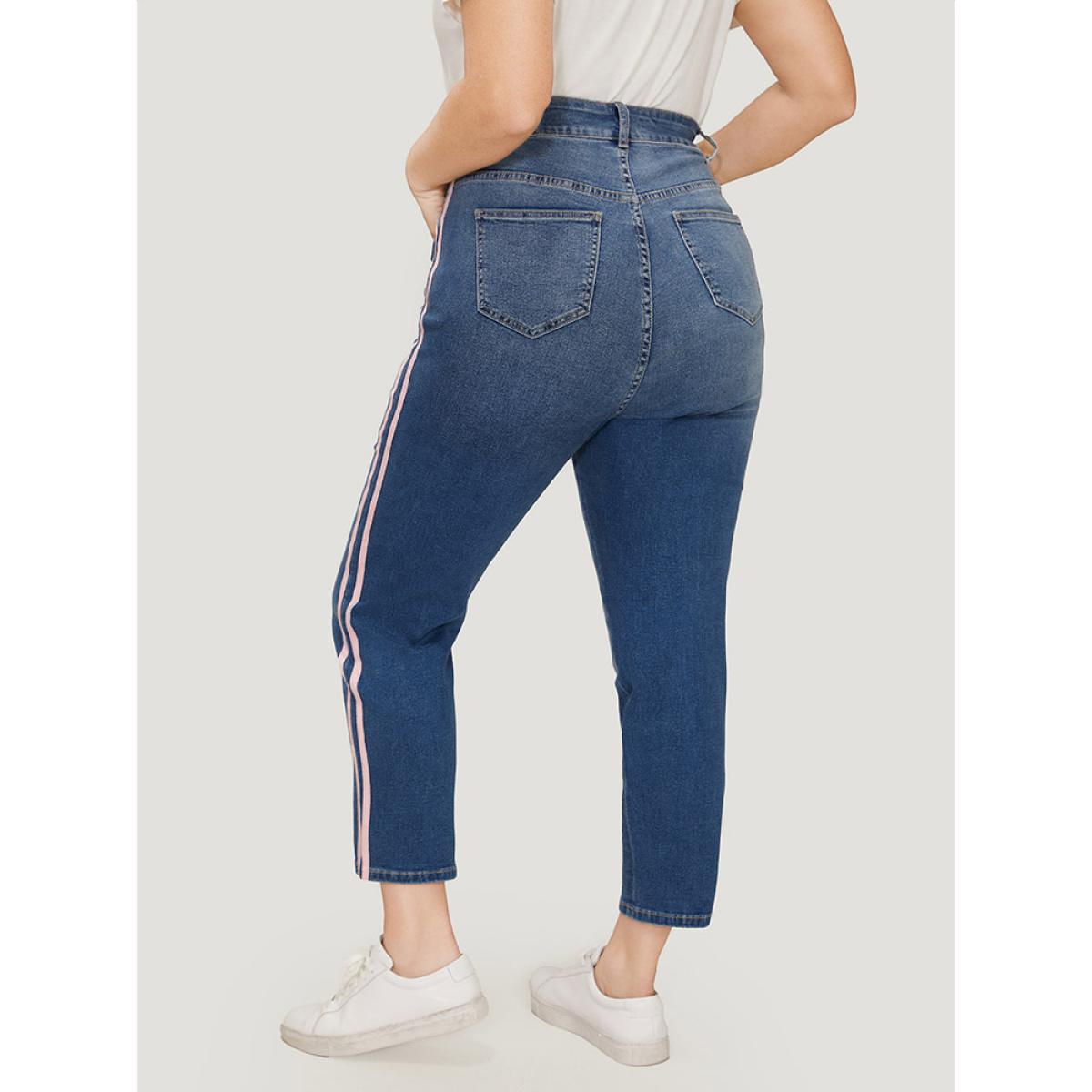 Plus Size Very Stretchy Medium Wash Contrast Striped Jeans Women Blue Casual Plain Patchwork High stretch Pocket Jeans BloomChic 10/M Product Image
