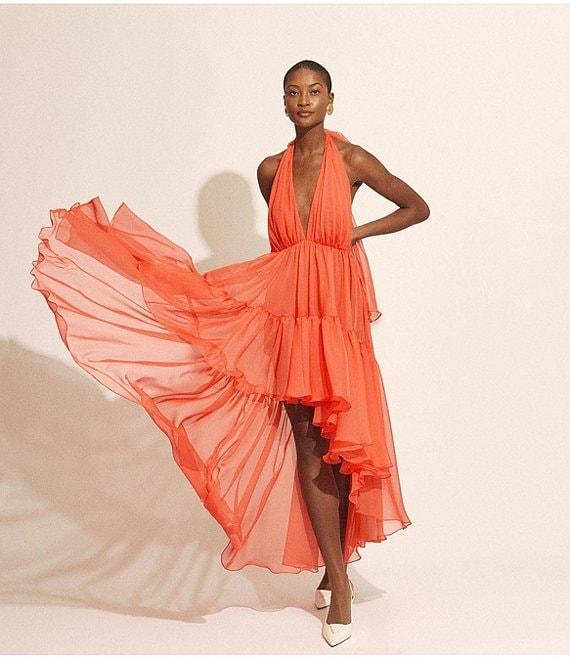 Bardot Leona Halter V-Neck Sleeveless Ruffle High-Low Hem A-Line Maxi Dress Product Image