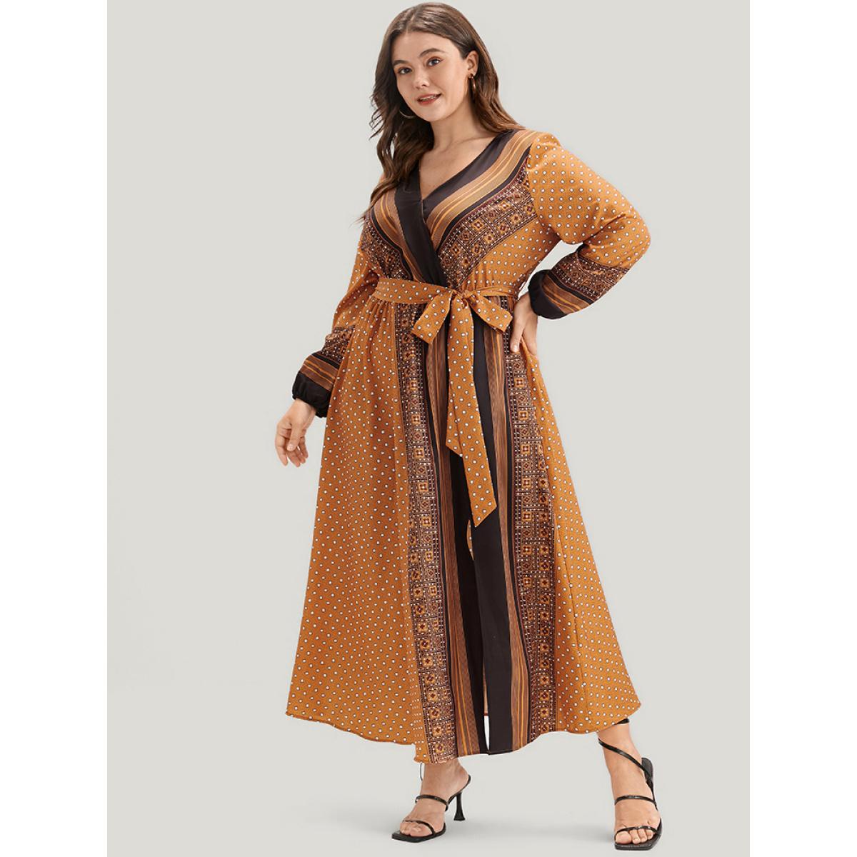 Plus Size Geometric Split Pocket Belted Wrap Lantern Sleeve Dress Bronze Women Vacation Belted V-neck Long Sleeve Curvy Midi Dress BloomChic 22-24/3X Product Image