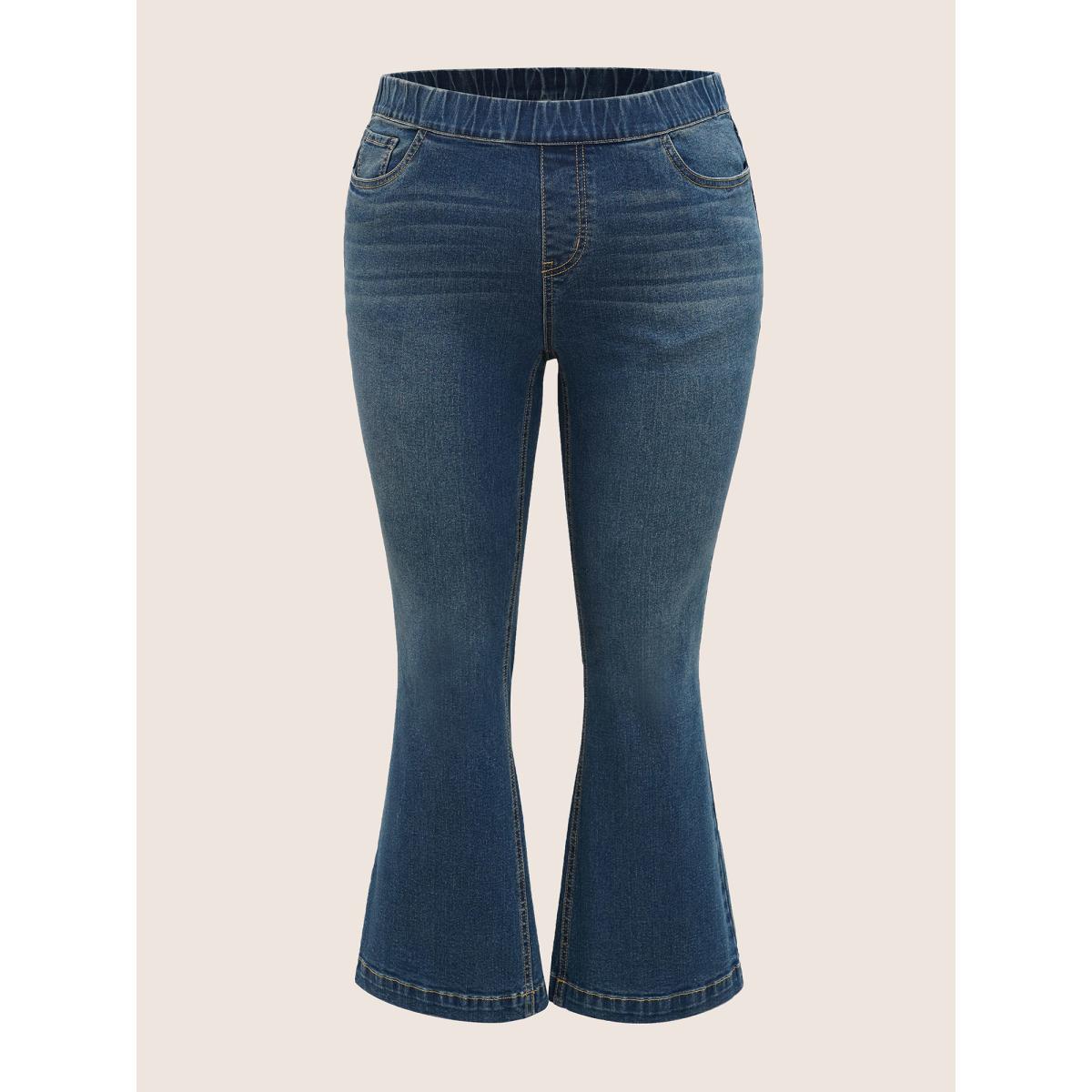 Plus Size Dark Wash Mid Rise Bootcut Jeans Women Denimblue Casual Non High stretch Double-flap pocket Jeans BloomChic 12/L Product Image