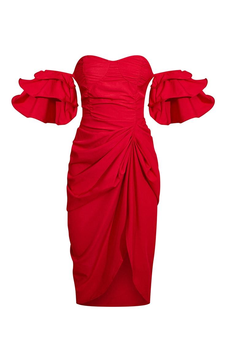 Red Bardot Frill Sleeve Draped Midi Dress Product Image