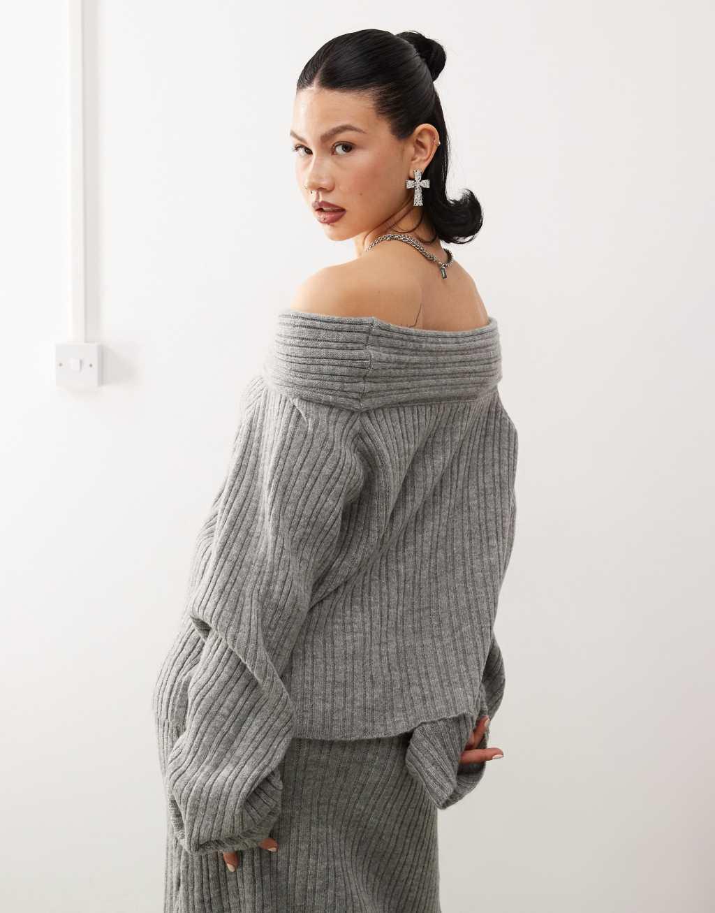 COLLUSION knitted ribbed off the shoulder sweater in charcoal - part of a set Product Image