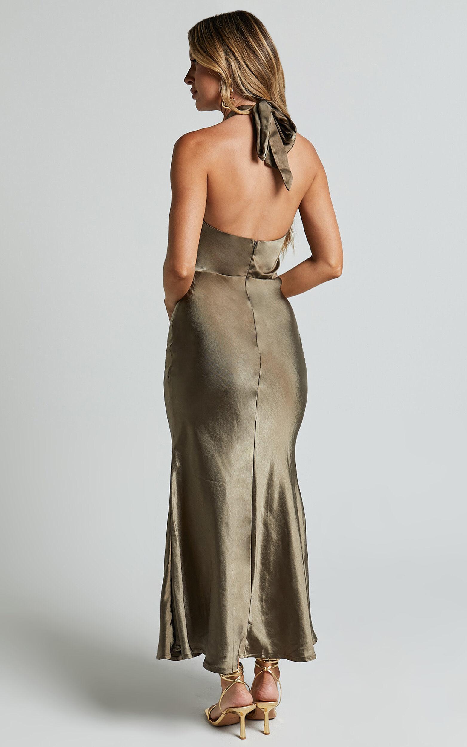 Rhianne Midi Dress - Twist Halter Neck Open Back Satin Dress in Olive Product Image
