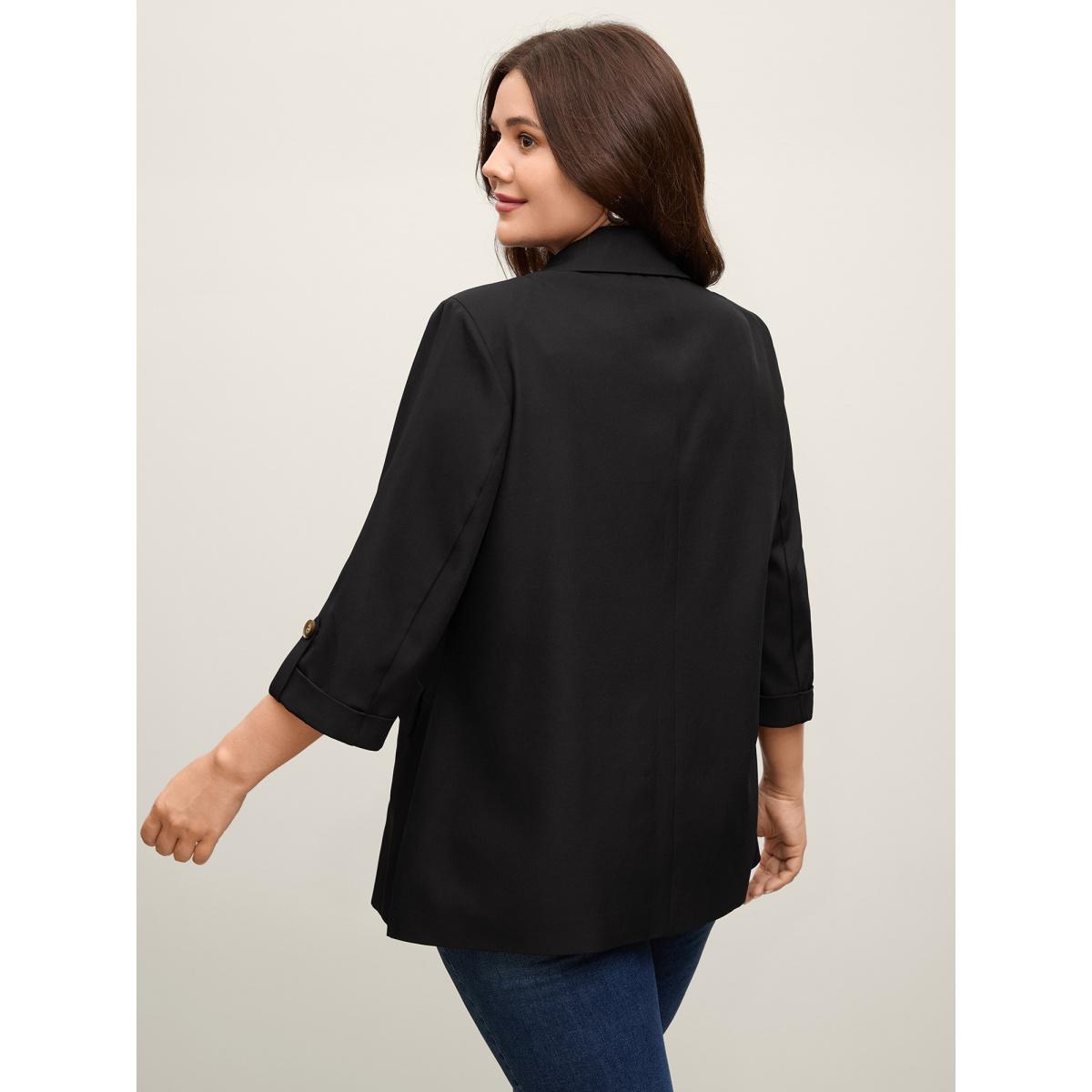 Plus Size Tab Sleeve Pockets Solid Blazer Black Women Office Roll Hem Button cuff sleeve Elbow-length sleeve Suit Collar 28/5X Open pocket with flap Office Blazers BloomChic Product Image