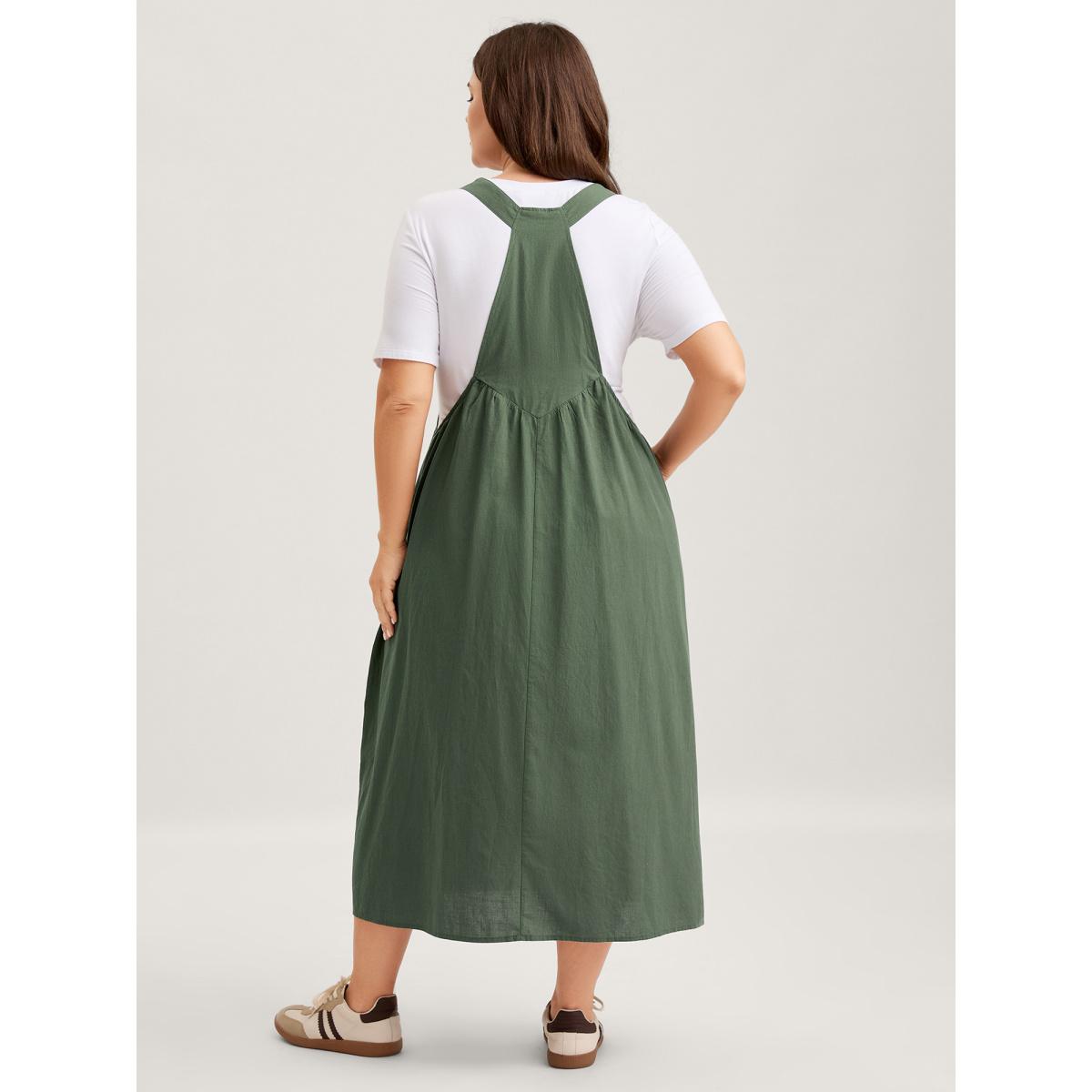 Plus Size Overall Straps Front Slit Pockets Midi Dress Emerald Women Leisure Square Neck Sleeveless Curvy BloomChic 10/M Product Image