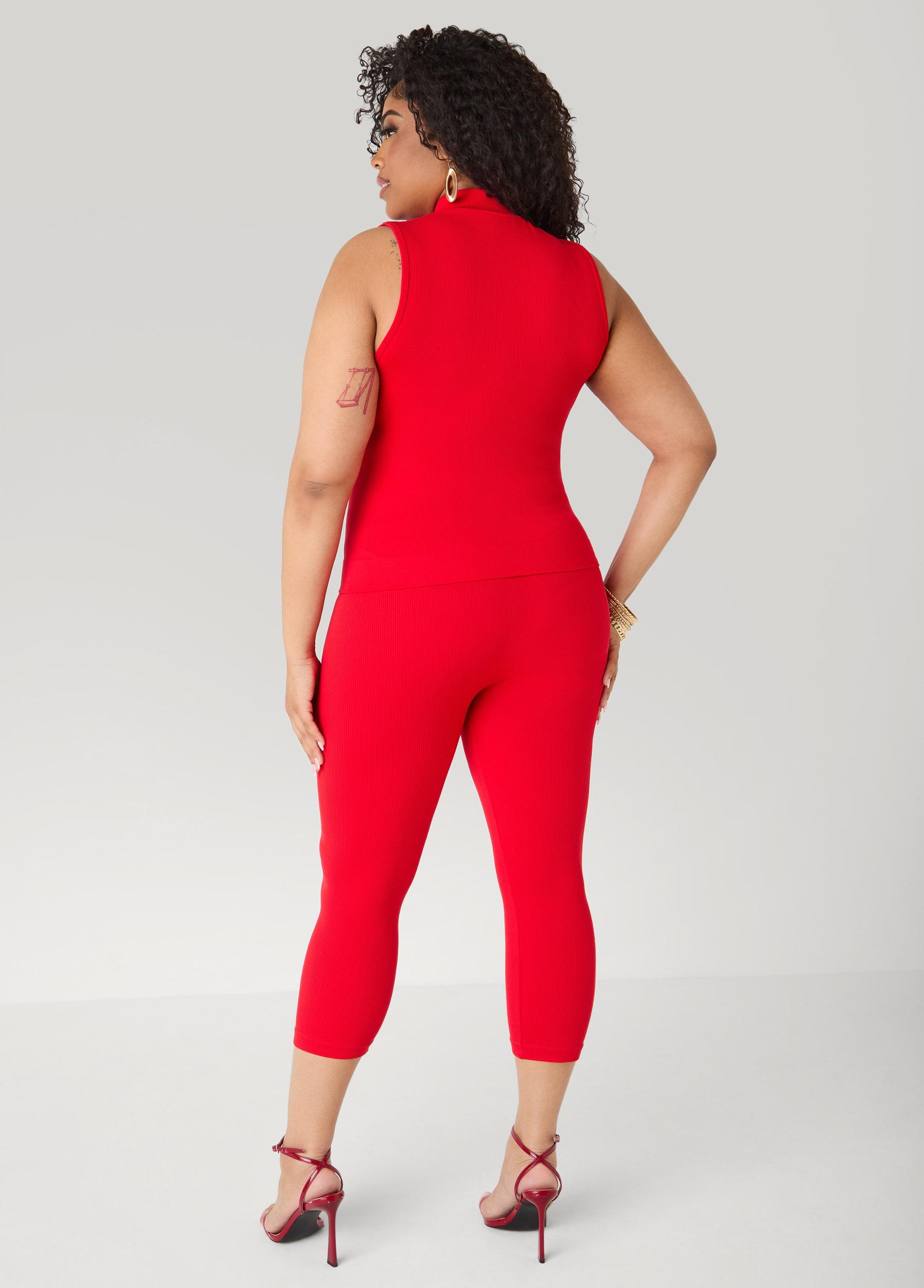 Ribbed Mock Neck Top And Capri Set Product Image