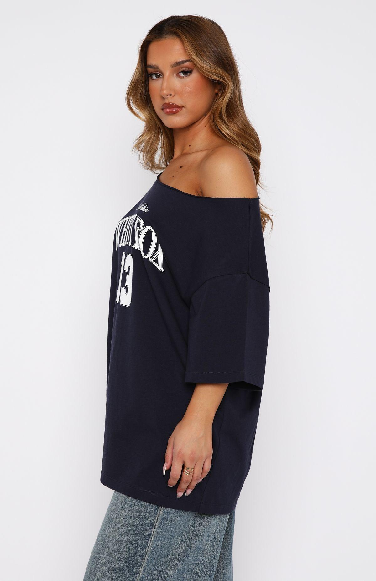 Everything In Time Off Shoulder Oversized Tee Navy Product Image