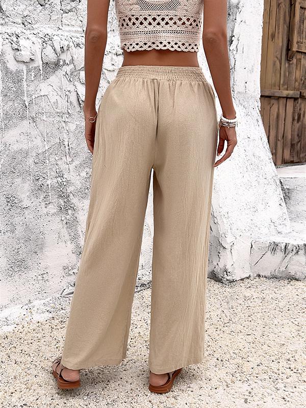 Loose Wide Leg Buttoned Pleated Pockets Solid Color Pants Trousers Product Image