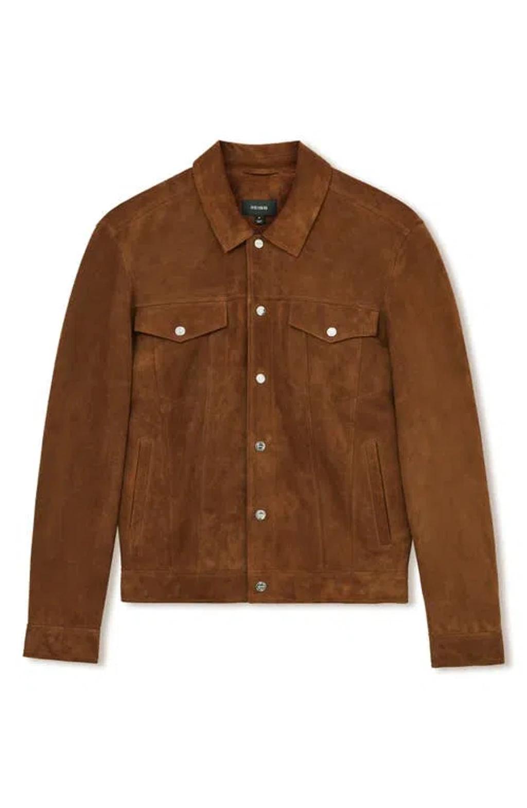REISS Edington Suede Press Stud Trucket Jacket In Brown Product Image