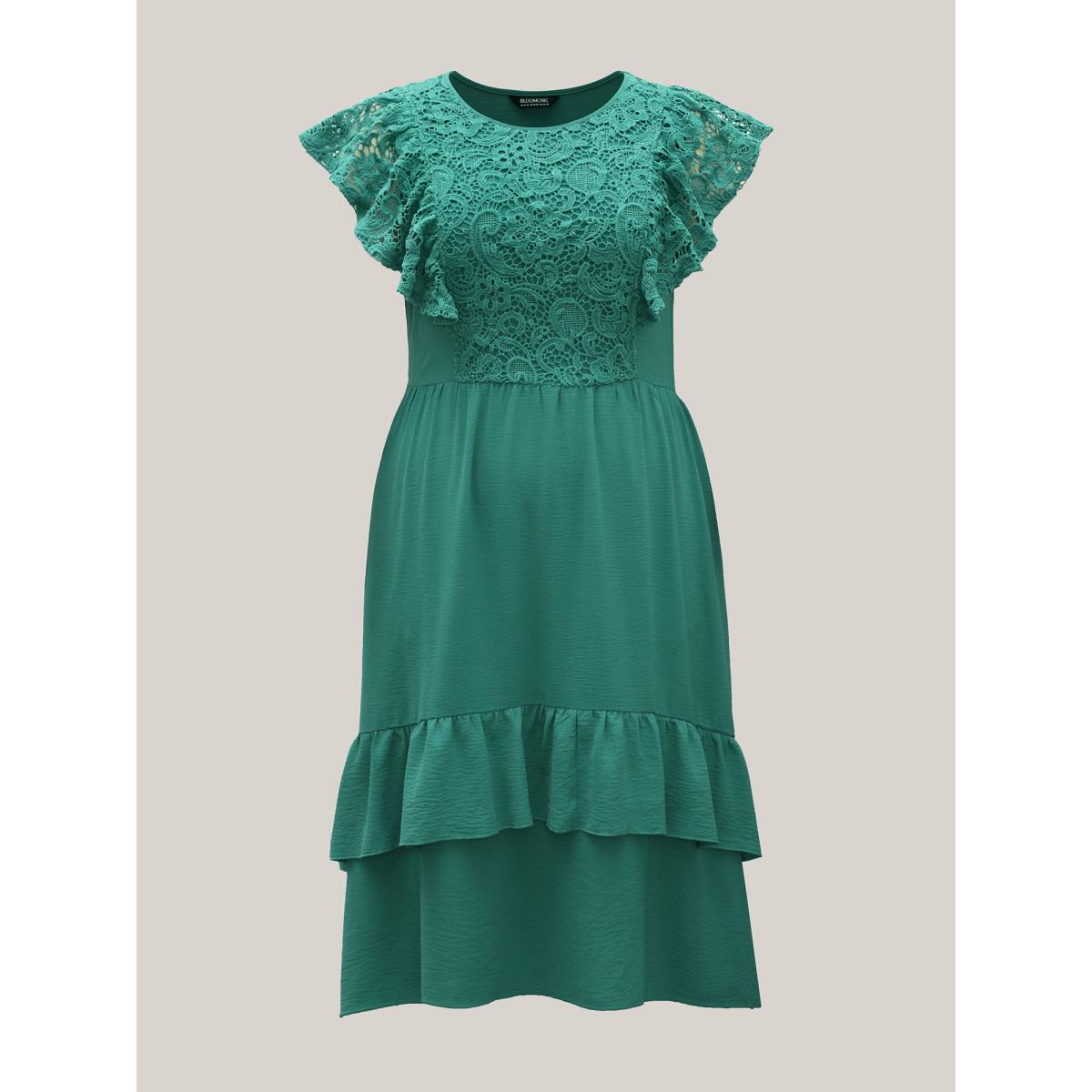 Plus Size Lace Pleated Ruffled Sleeve Midi Dress Emerald Women Round Neck Sleeveless Curvy BloomChic 22-24/3X Product Image