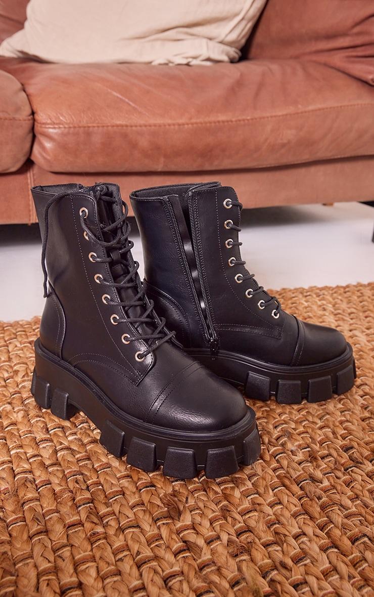 Black Lace Up Extreme Cleated Sole Combat Boots Product Image