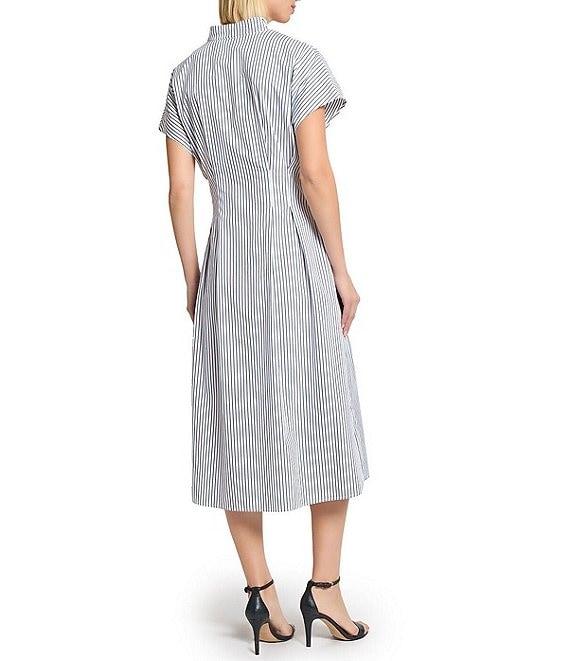 Ming Wang x Tanya Foster Cotton Pinstripe Stand Collar Short Sleeve Fit-And-Flare Dress Product Image