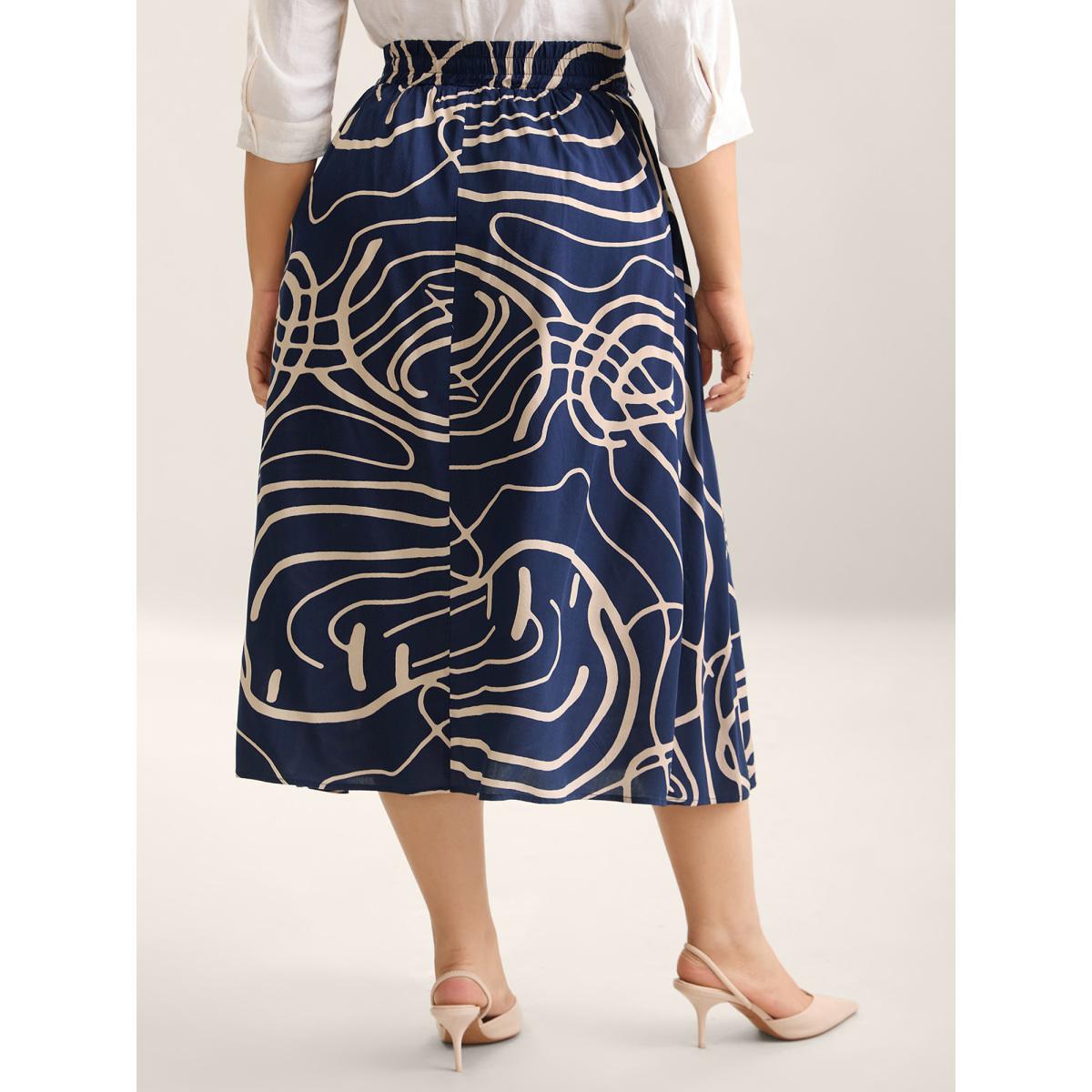 Plus Size Abstract Print Waist-Tie Midi Skirt Women DarkBlue At the Office Low stretch Slanted pocket Work Skirts BloomChic 12/L Product Image