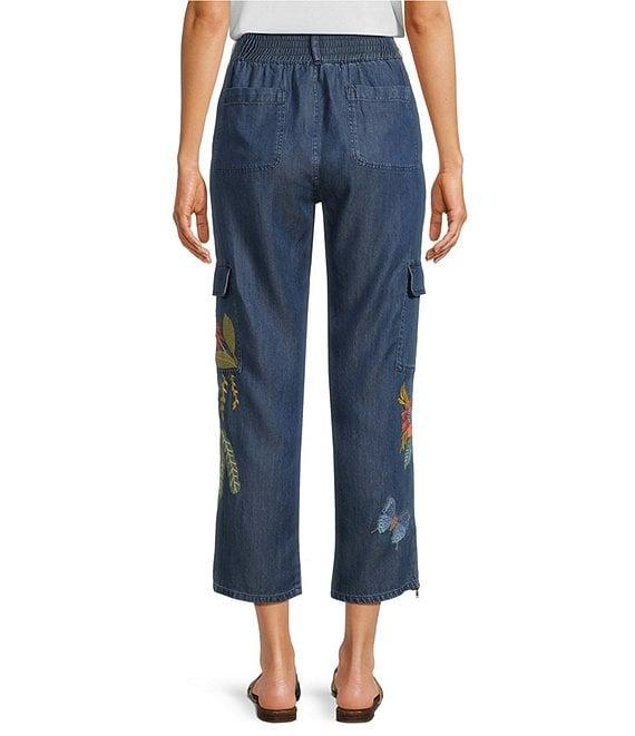 JOHNNY WAS Jane Lightweight Denim Smocked Waist Embroidered Tapered Leg Cargo Ankle Pants Product Image
