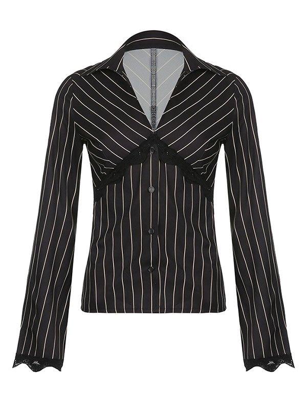 Lace Paneled Long Sleeve Striped Blouse Product Image