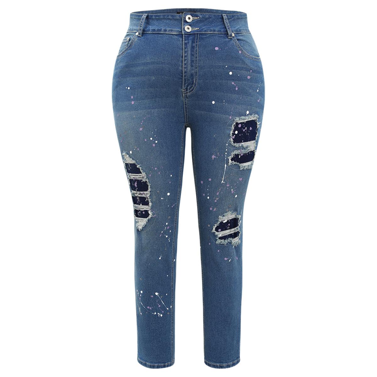Plus Size Very Stretchy High Rise Medium Wash Paint Patched Jeans Women Blue Casual Plain Printed High stretch Pocket Jeans BloomChic 22/3X Product Image