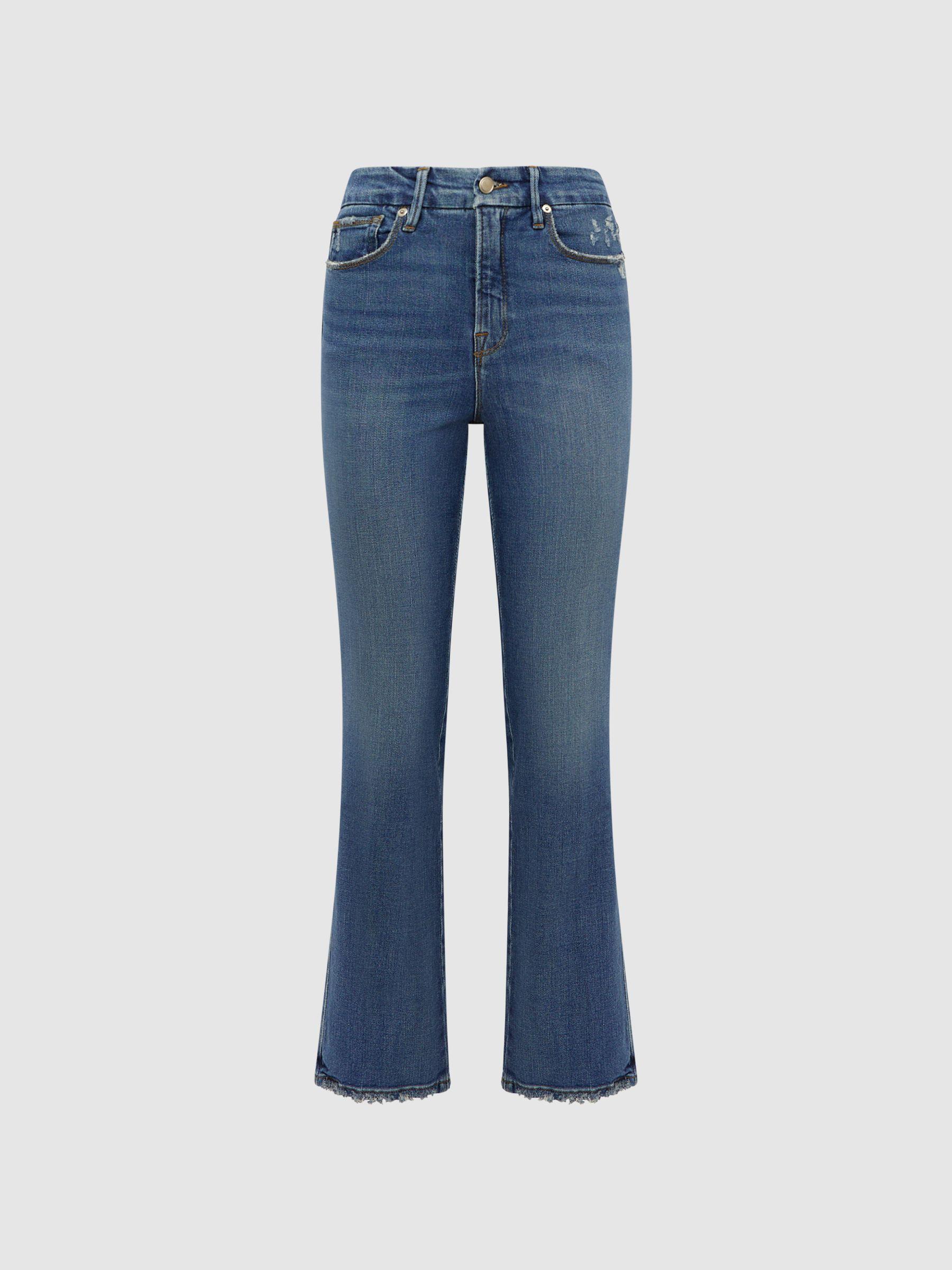 Good American Distressed Straight Leg Jeans in Mid Blue Product Image