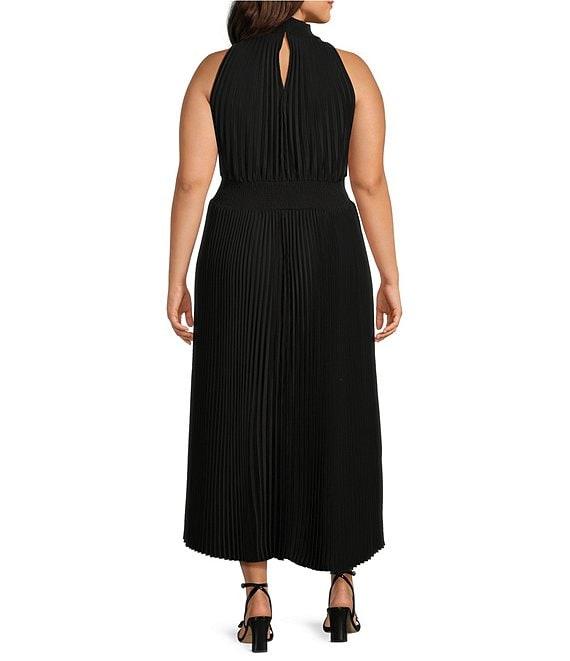 Marina Plus Size Sleeveless Halter Mock Neck Smocked Pleated Crepe Chiffon A-Line Maxi Dress Product Image
