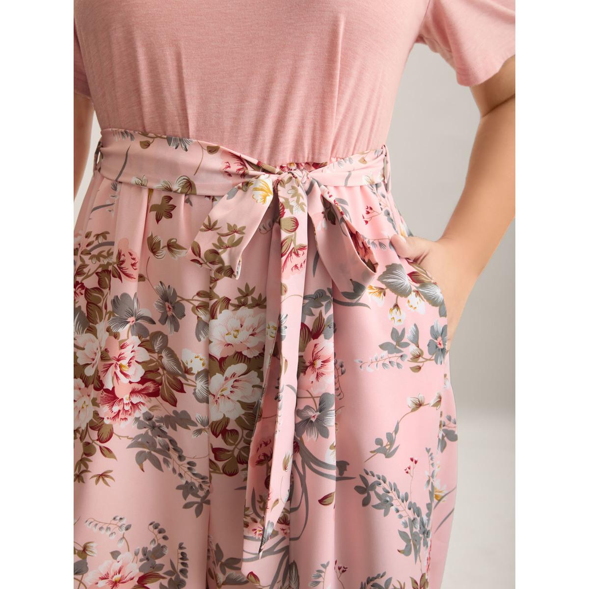 Plus Size Lightpink Color Contrast Belted Panel Pockets Jumpsuit Women Timeless Short sleeve Square Neck Elegant Loose Jumpsuits BloomChic 28/5X Product Image