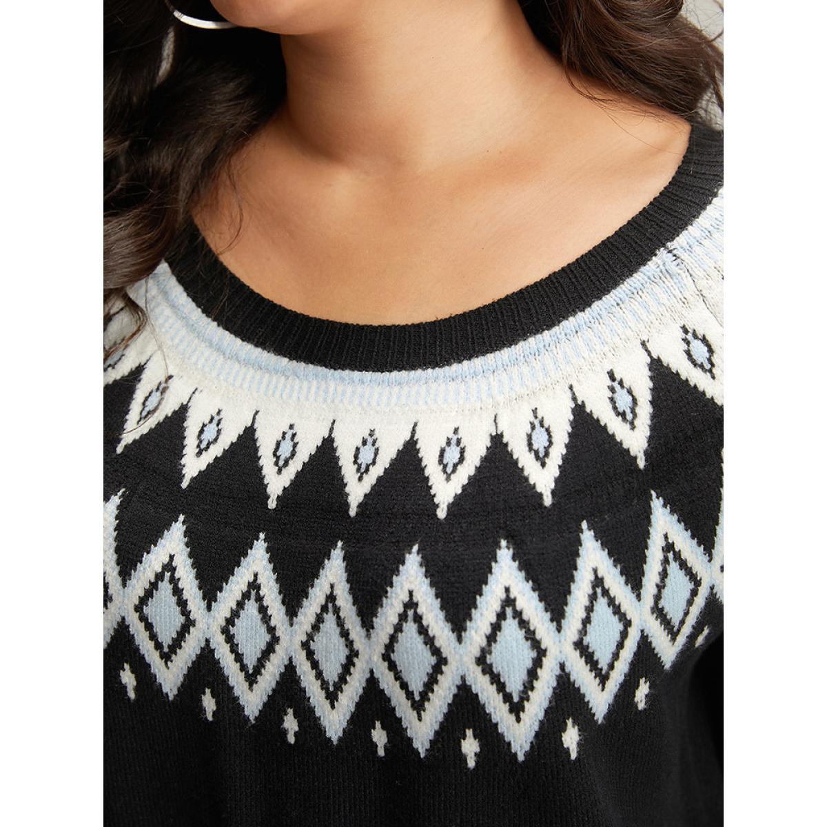 Plus Size Supersoft Essentials Geo Contrast Raglan Sleeve Pullover Black Women Casual Loose Long Sleeve Round Neck Dailywear Pullovers BloomChic 14-16/1X Product Image