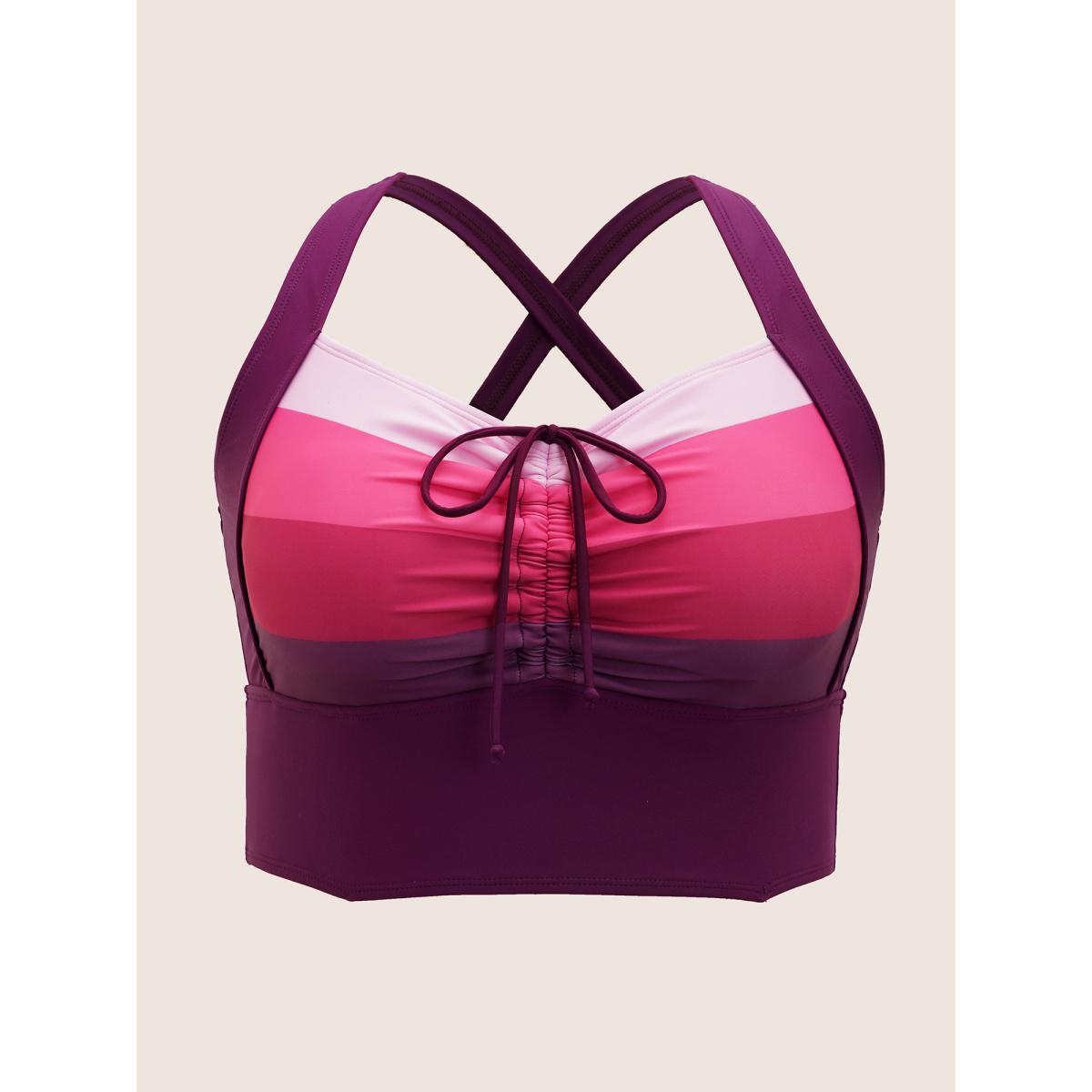 Plus Size Colorblock Contrast Drawstring Gathered Swim Top Women's Swimwear Deeppurple Beach Gathered High stretch Skinny Heart neckline Curve Swim Tops BloomChic 22-24/3X Product Image