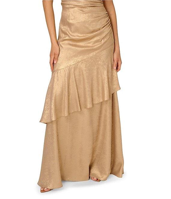 Adrianna by Adrianna Papell Foil Woven Strapless Side Ruched Asymmetrical Tiered Mermaid Gown Product Image