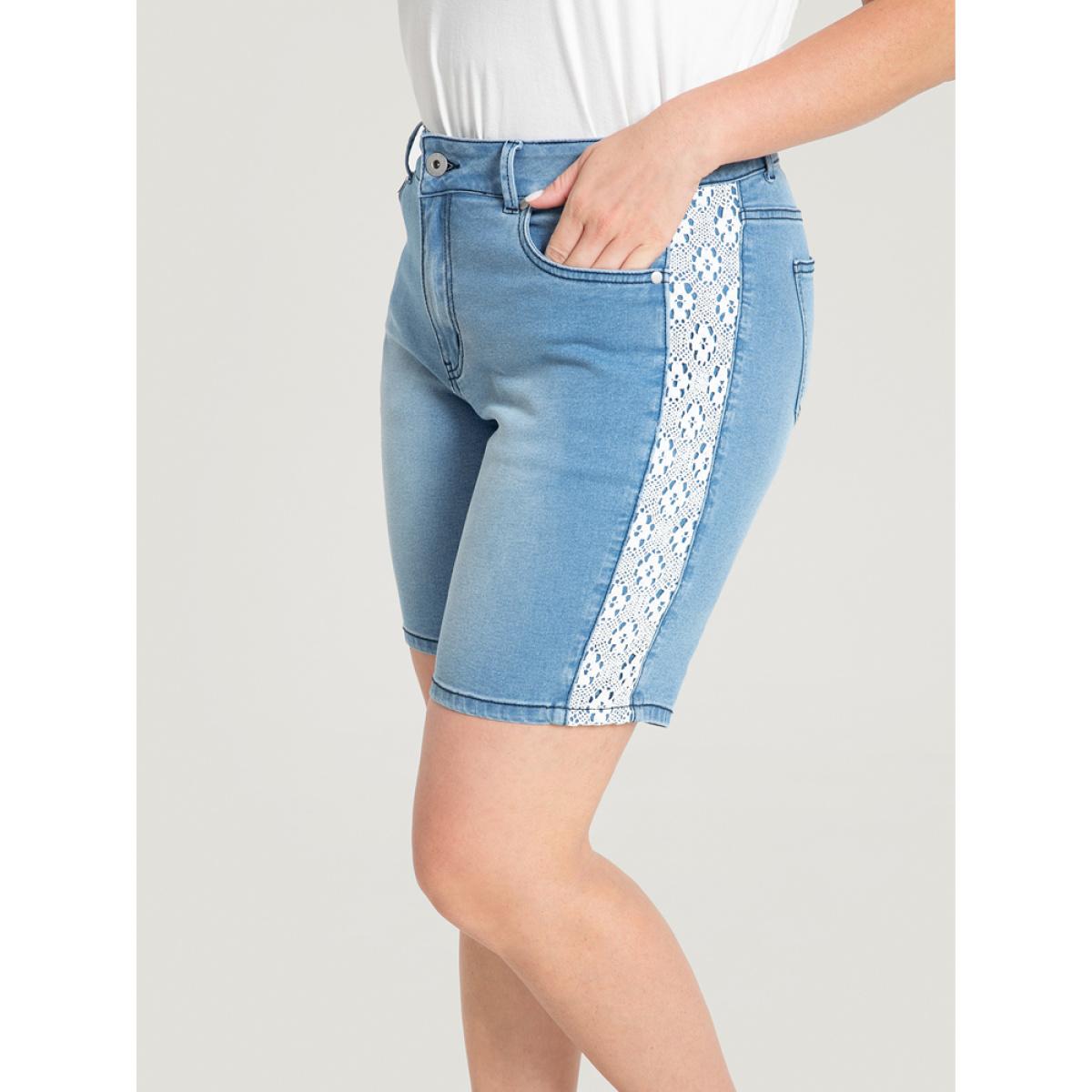 Plus Size Very Stretchy High Rise Light Wash Contrast Lace Denim Shorts Women LightBlue High stretch Dailywear Casual Denim Shorts BloomChic 12/L Product Image
