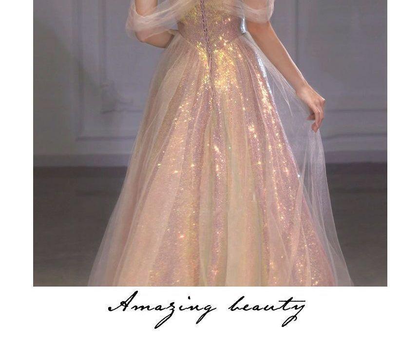 Short-Sleeve Off Shoulder Iridescent A-Line Evening Gown Product Image