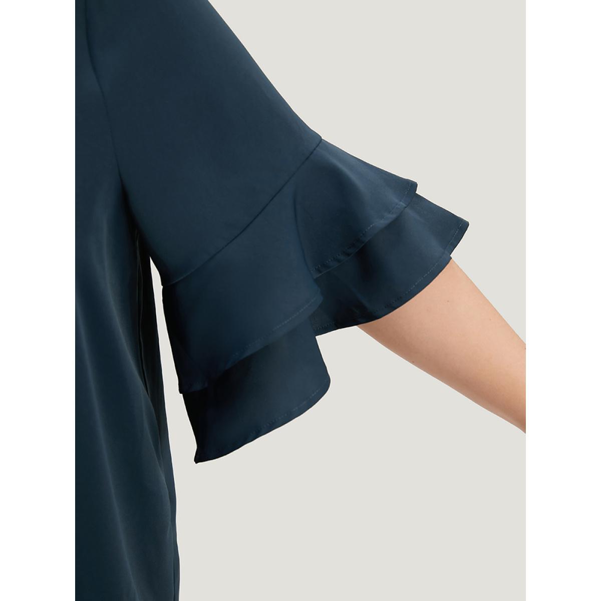Plus Size Indigo Anti-Wrinkle Plain Keyhole Ruffle Layered Sleeve Blouse Women Office Half Sleeve Round Neck Work Blouses BloomChic 26/4X Product Image