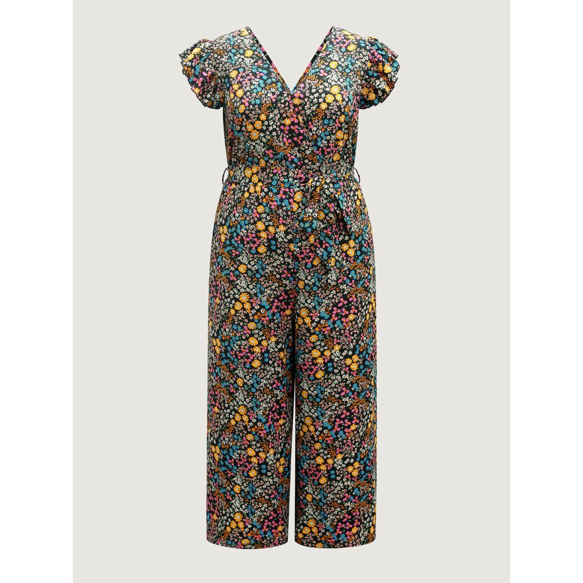 Plus Size Black Floral Print Belted Ruffled Sleeve Jumpsuit Women Timeless Cap Sleeve V-neck Elegant Loose Jumpsuits BloomChic 10/M Product Image
