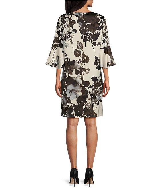 Caroline Rose Bella Woven Crepe Fall Floral Print Scoop Neck 3/4 Bell Sleeve A-Line Dress Product Image