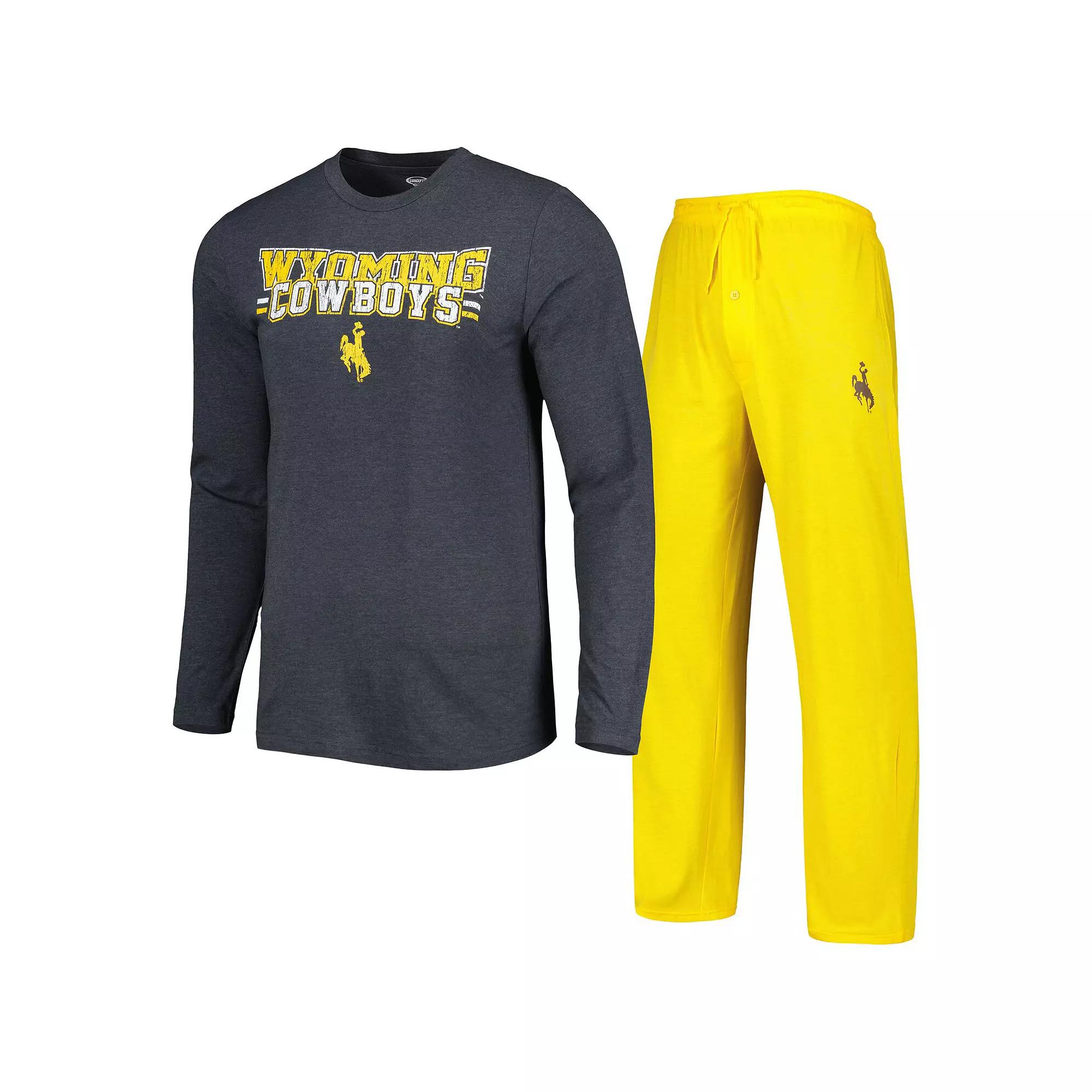 Men's Concepts Sport Gold/Charcoal Wyoming Cowboys Meter Long Sleeve T-Shirt & Pants Sleep Set,  Product Image