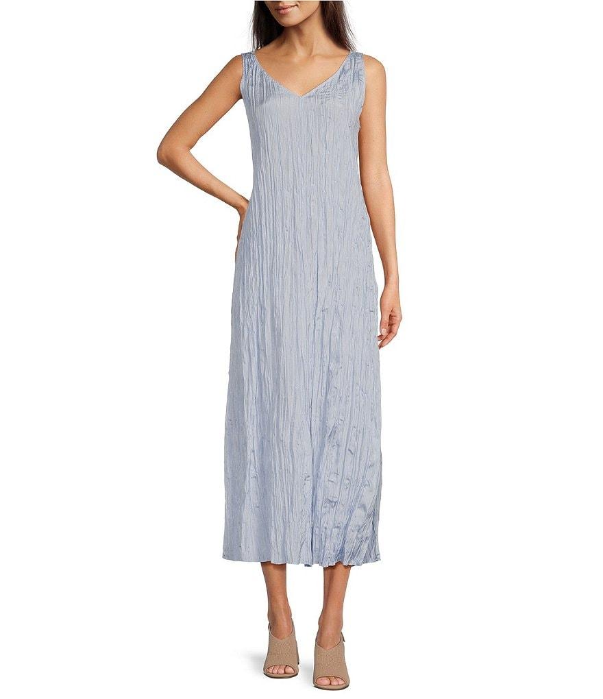 Eileen Fisher Crushed Silk V-Neck Sleeveless Midi Dress Product Image