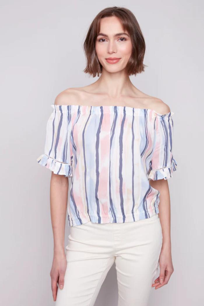Printed Short Sleeve Peasant Blouse Product Image