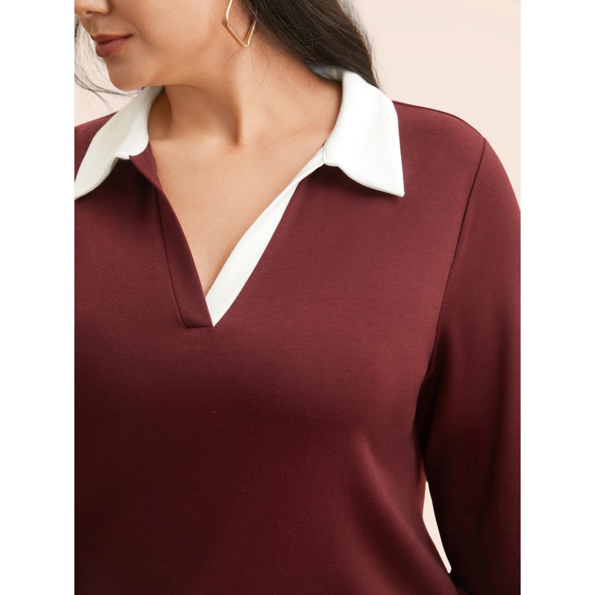 Plus Size Polo Neck Contrast Patchwork Sweatshirt Women Burgundy Casual Contrast Polo Everyday Sweatshirts BloomChic 14-16/1X Product Image